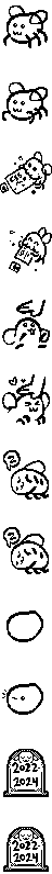1-bit pixel art of Eggbug taking various Tamagotchi actions.